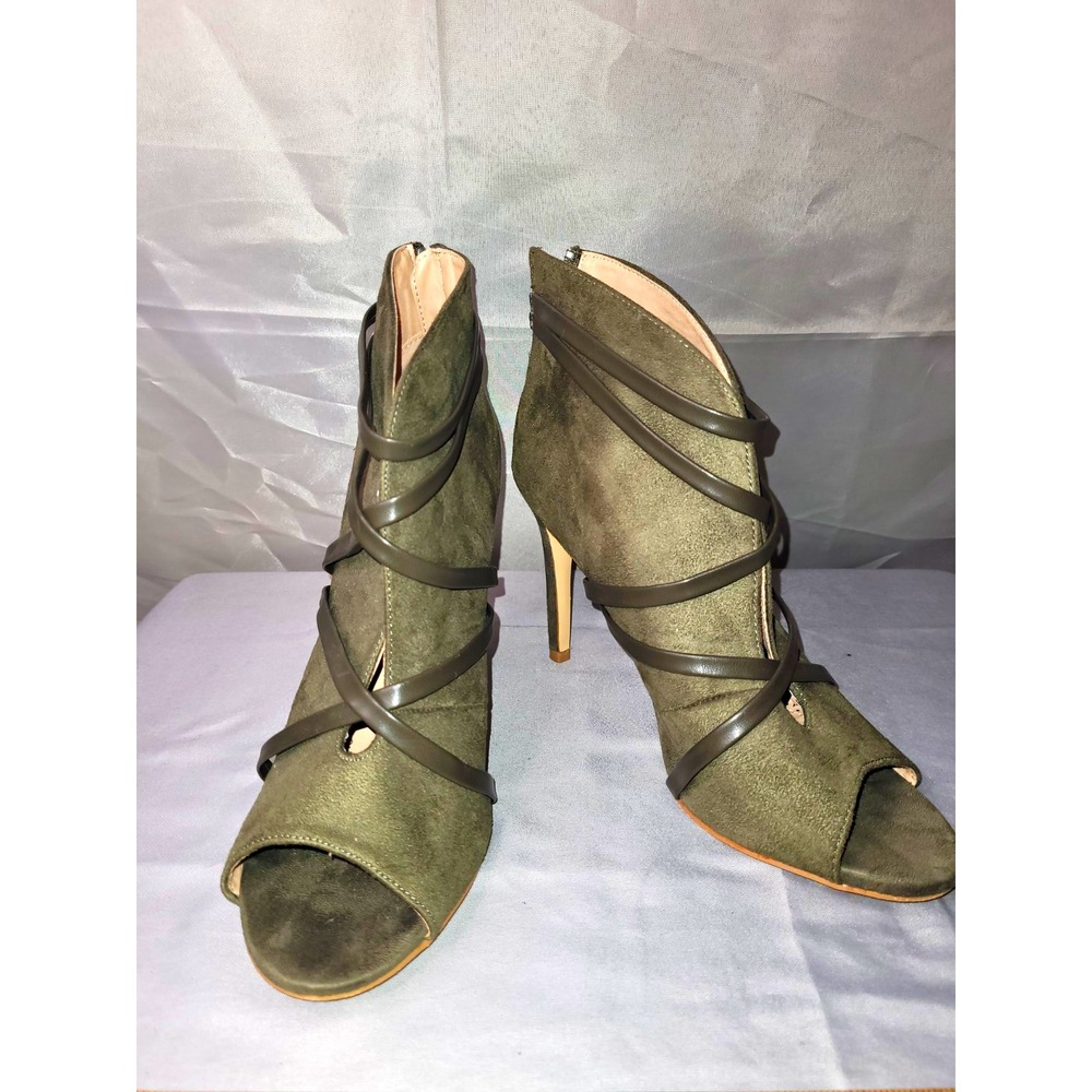 JC Women's Green Suede Strappy Open Toe Stiletto Zip Heel Booties Size 9